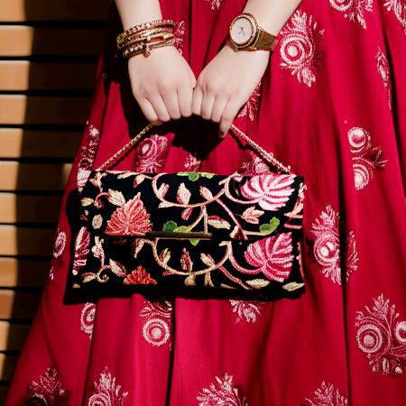 Handcrafted Velvet Beaded Clutch Bag with Gold Chain